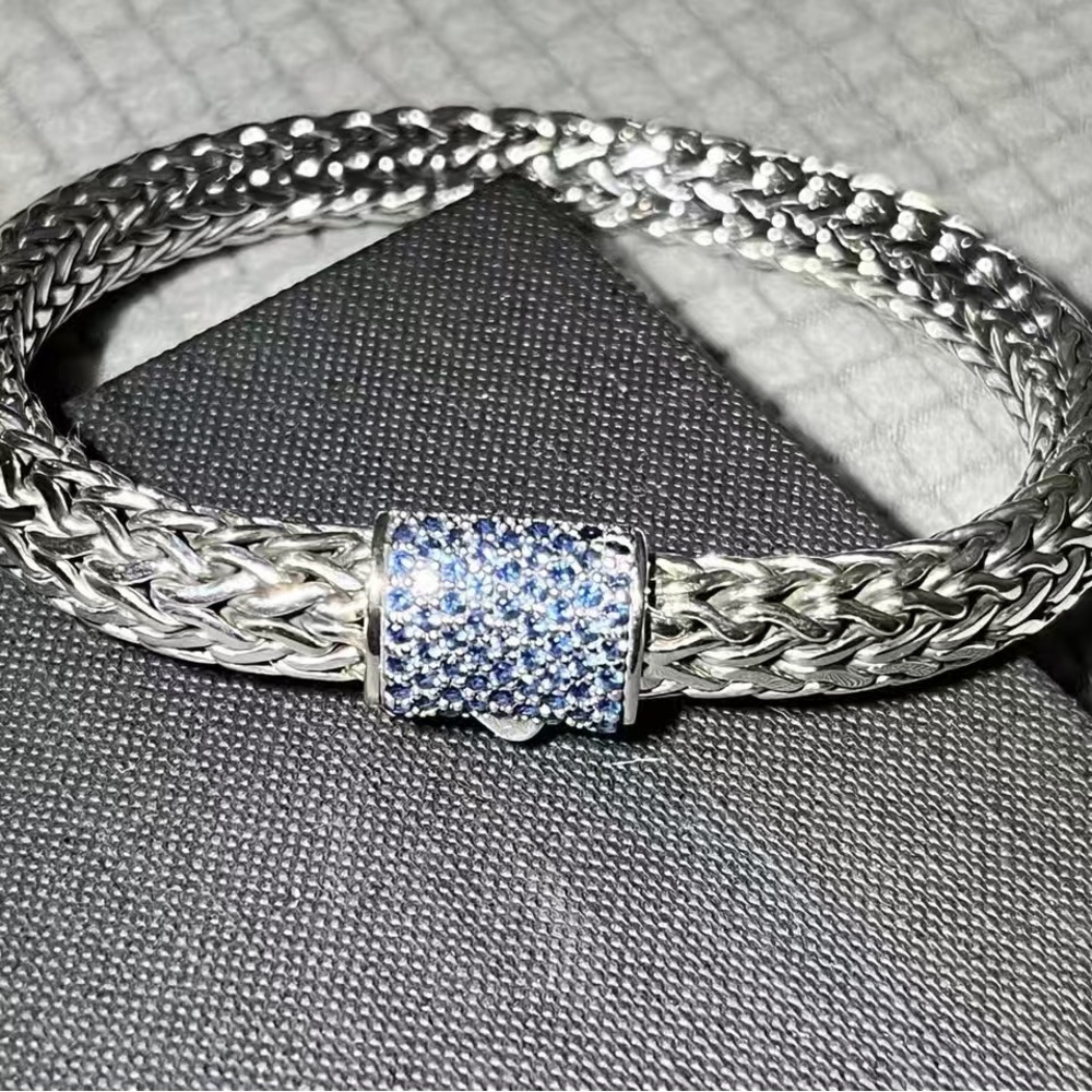 Sterling Silver Braided Bracelet with Blue Pavé Slide
